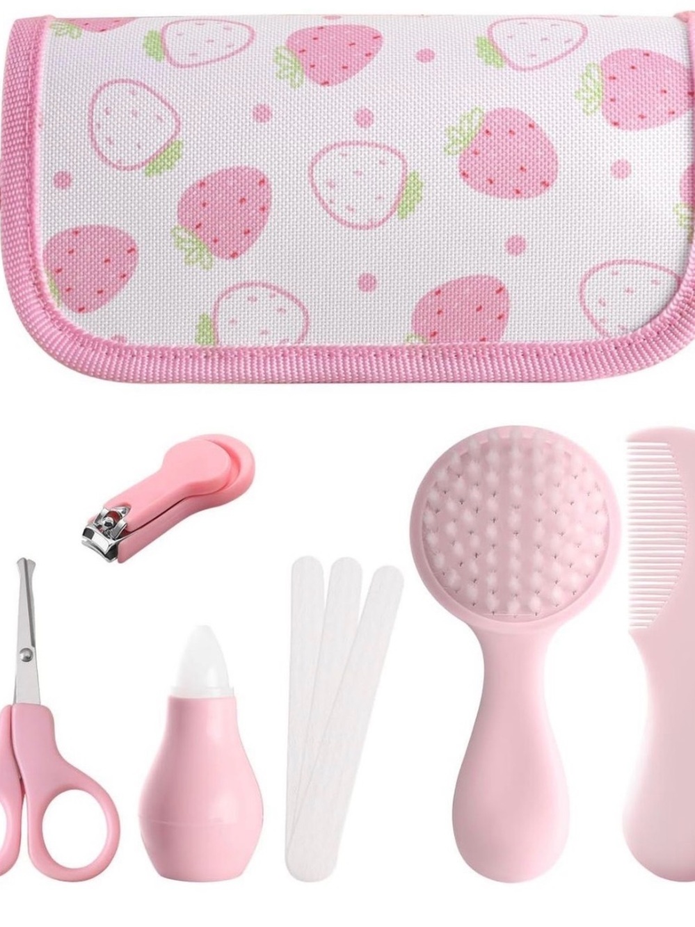 Baby Pink Strawberry Bath & Hair Care Set for Kids - 7-Piece and a onesie 0-3
